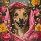 Preview of 50x50cm floral dog diamond painting kit with square resin drills. Joyful and cozy DIY art for pet-themed interiors.